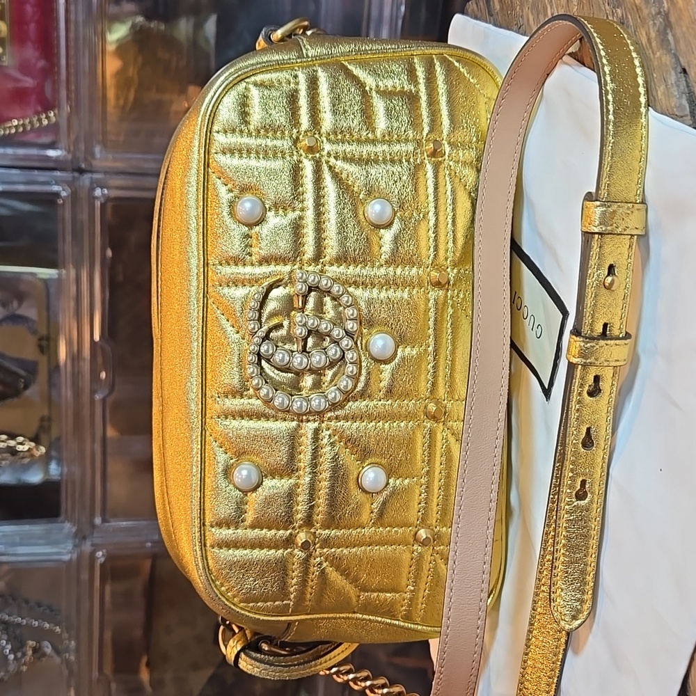 GUCCI Shoulder Bag GG Marmont Leather Faux Pearl Gold 447632  - COA Included - Picture 9 of 16